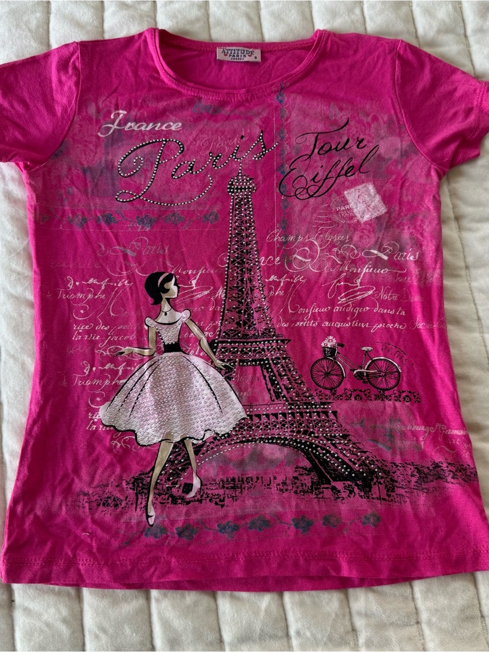 Y2K girls Attitude Paris Hot Pink Eiffel Tower Graphic Tee Rhinestones size 8